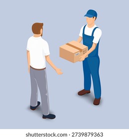 Courier hands over a cardboard box to a customer. Cargo delivery. Isometric 3D projection. Vector illustration.