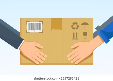 Courier hands over the parcel box to the buyer. Vector illustration