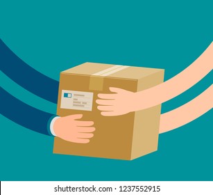 Courier hands parcel to customer. Delivery concept. Cartoon vector illustration