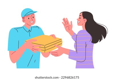 Courier hands pizza to woman, home delivery