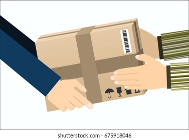 Courier Hands with postal cardboard box. Delivery service concept. Vector illustration in flat design