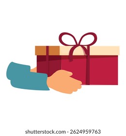 Courier está segurando uma grande caixa de presente presente com uma fita, entregando um pacote a um cliente
