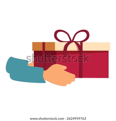 Courier is holding a big present gift box with a ribbon, delivering a parcel to a client