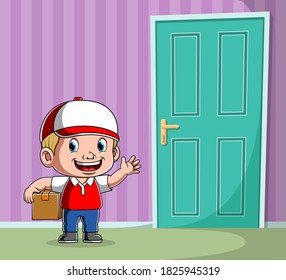 The courier holding the box and calling the costumer 
