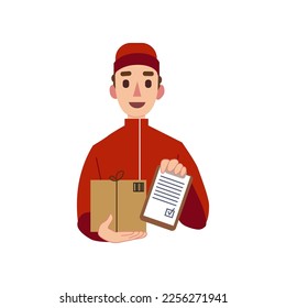 Courier holding box and checklist isolated on white. Vector illustration of delivery express service. Delivery concept