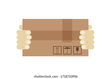 Courier holding box in hand, vector icon, template for delivery service, online shopping design.