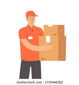 Courier holding boxes, delivers the packages, parcels or food. Man character, worker of fast delivery service. Banner web template design. Cartoon vector illustration