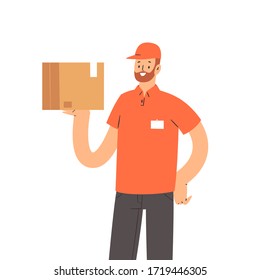Courier holding boxes, delivers the packages, parcels or food. Man character, worker of fast delivery service. Banner web template design. Cartoon vector illustration