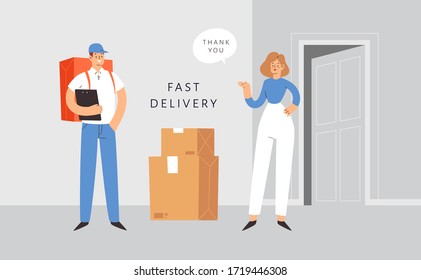 Courier holding boxes, delivers the packages, parcels or food. Man character, worker of fast delivery service. Banner web template design. Cartoon vector illustration