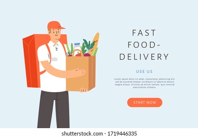 Courier holding boxes, delivers the packages, parcels or food. Man character, worker of fast delivery service. Banner web template design. Cartoon vector illustration