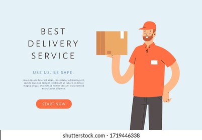 Courier en cajas, entrega los paquetes, paquetes o alimentos. Carácter hombre, trabajador del servicio de entrega rápida. Diseño de plantillas web de banner. Ilustración vectorial de dibujos animados