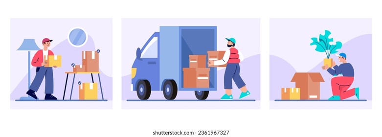 Courier sostiene cajas y ayuda a moverse. Hombre cargando paquetes en un camión. Transporte de flores en casa. Conmovedor concepto. Ilustración vectorial plana en colores azules en estilo de dibujos animados