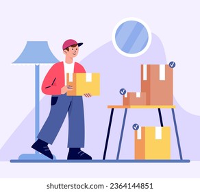 Courier sostiene cajas y ayuda a moverse. Trabajador ayudando al cliente a mudarse a un nuevo apartamento. Trabajar como cargador. Conmovedor concepto. Ilustración vectorial plana en colores azules en estilo de dibujos animados