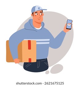 Courier holding a cardboard box and smartphone in his hands. Delivery man with a parcel. Online global shopping, delivery service concept. Flat vector illustration