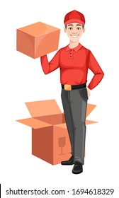 Courier holding carton box. Delivery service concept. Delivery man cartoon character. Vector illustration isolated on white background