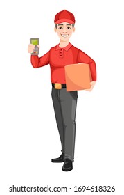 Courier holding carton box and mobile payment terminal. Delivery service concept. Delivery man cartoon character. Vector illustration isolated on white background