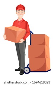 Courier holding carton box and standing near hand truck. Delivery service concept. Delivery man cartoon character. Vector illustration isolated on white background