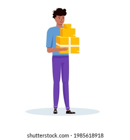 Courier holding in hand parcel, pack, box  for online delivery service concept. Vector illstration for delivery service, carton packages with food