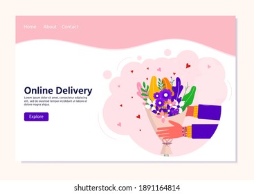 Courier holding in hand parcel ready for fast flower delivery to the recipient. Online delivery service concept landing page. Vector illustration for web with bouquet, parcel, pack