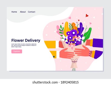 Courier holding in hand parcel ready for fast flower delivery to the recipient. Online delivery service concept landing page. Vector illustration for web with bouquet, parcel, pack