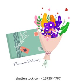 Courier holding in hand parcel ready for fast flower delivery to the recipient. Online delivery service concept landing page. Vector illustration for web with bouquet, parcel, pack