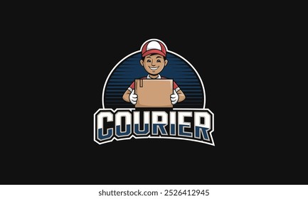 Mensajero que sostiene un paquete con el logotipo en negrita