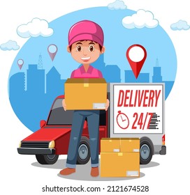 Courier holding a package with delivery panel van illustration