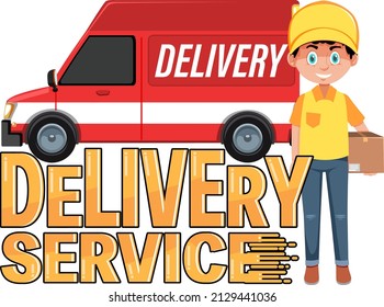 Courier holding a package with delivery panel van illustration