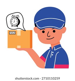 Mensajero que sostiene el Vector del paquete en el servicio de entrega a tiempo y la ilustración rápida del envío
