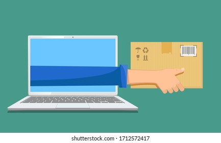 Courier holding a paper box parcel in his hands. E-commerce and online shopping. Vector illustration
