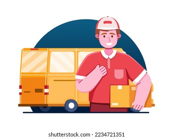 Courier holding a parcel and deliver the parcel with van.
Logistics worker and courier loading package on the van.
Delivery courier man cartoon illustration.
Suitable for web, marketing, banner, etc