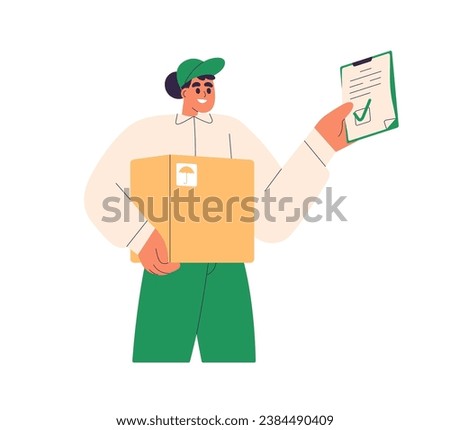 Courier holding parcel and document. Female postman from delivery service. Postman delivering order in box package and warranty, waybill in hands. Flat vector illustration isolated on white background
