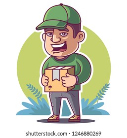 the courier is holding the parcel. green background. vector illustration
