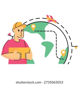 Courier holding parcel with map route behind