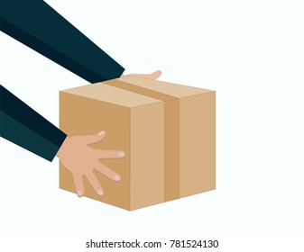 The courier holds a large box in his hand (a gift).Delivery concept. Delivery design over white background, vector illustration.