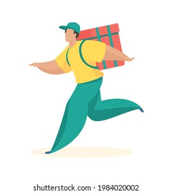Courier is hurry to deliver order. Fast and high quality shipment logistic online purchases. Man in uniform runs with thermal backpack to clients address. Vector flat illustration