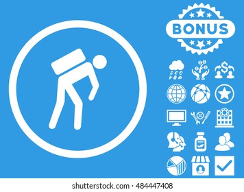 Courier icon with bonus symbols. Vector illustration style is flat iconic symbols, white color, blue background.