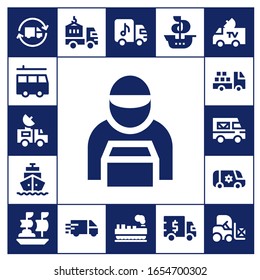 courier icon set. 17 filled courier icons. Included Delivery truck, Van, Delivery man, Shipping, Truck, Ship, Cargo, Forklift icons
