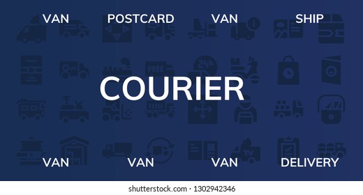  courier icon set. 32 filled courier icons. on blue background style Simple modern icons about  - Van, Postcard, Ship, Delivery, Move, Cargo, Forklift, Delivery truck, Shipping