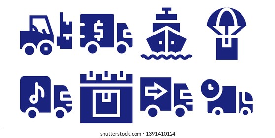courier icon set. 8 filled courier icons.  Collection Of - Truck, Forklift, Delivery, Delivery truck, Shipping