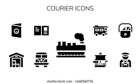conjunto de iconos de mensajería. 9 iconos de mensajería rellenos.  Iconos modernos sencillos, como: Cargo, Van, Postcard, Delivery, Postman, Ship