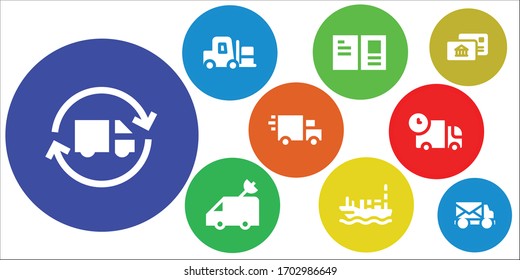 courier icon set. 9 filled courier icons. Included Delivery truck, Forklift, Postcard, Van, Ship, Truck, Postal, Mail truck icons