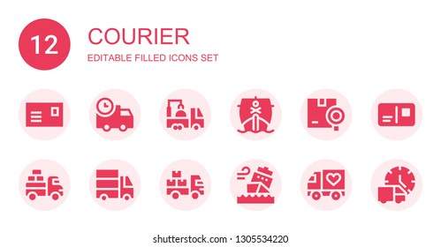 courier icon set. Collection of 12 filled courier icons included Postcard, Delivery truck, Truck, Ship, Shipping, Van