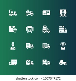 courier icon set. Collection of 16 filled courier icons included Delivery truck, Truck, Delivery, Delivery man, Mail truck, Shipping, Ship, Postcard, Van