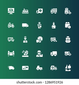 courier icon set. Collection of 25 filled courier icons included Ship, Truck, Delivery truck, Postcard, Delivery man, Delivery, Mail truck, Postman, Shipping, Van