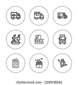 Courier icon set. collection of 9 outline courier icons with delivery truck, logistic, logistics, postcard, ship, shipping icons. editable icons.