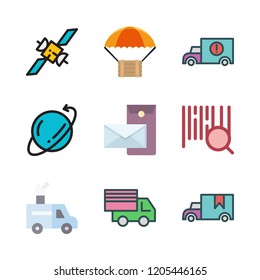 courier icon set. vector set about cargo truck, van, postal and barcode icons set.