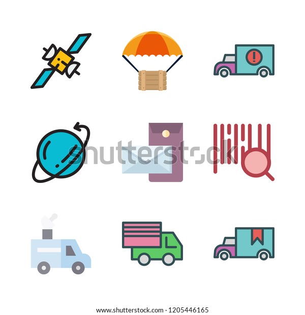 courier icon set. vector set about cargo
truck, van, postal and barcode icons
set.