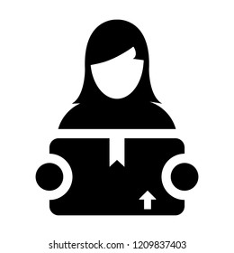 Courier icon vector female logistics worker service person profile avatar with cargo package box for delivery in Glyph Pictogram Symbol illustration