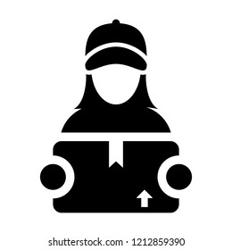 Courier icon vector female logistics worker service person profile avatar with cargo package box for delivery in Glyph Pictogram Symbol illustration